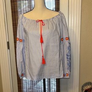 Tory Burch L/S Madison Tunic Printed Blue Cotton Weave w/Tasseled Neck Tie Sz 4
